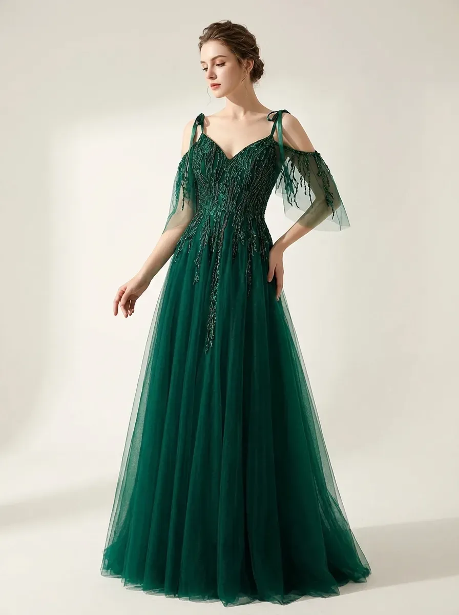 Dark Green Beaded A-Line Prom Dress | Spaghetti Straps Tulle Gown