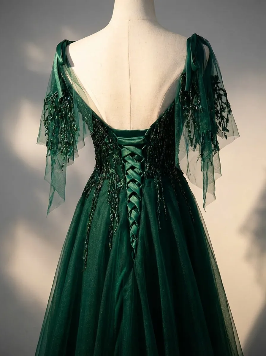 Dark Green Beaded A-Line Prom Dress | Spaghetti Straps Tulle Gown