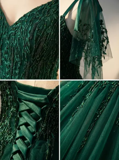 Dark Green Beaded A-Line Prom Dress | Spaghetti Straps Tulle Gown