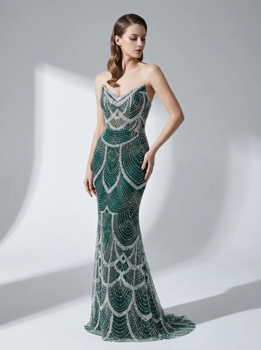 Dark Green Sequin Mermaid Prom Dress | Strapless Beaded Corset Gown