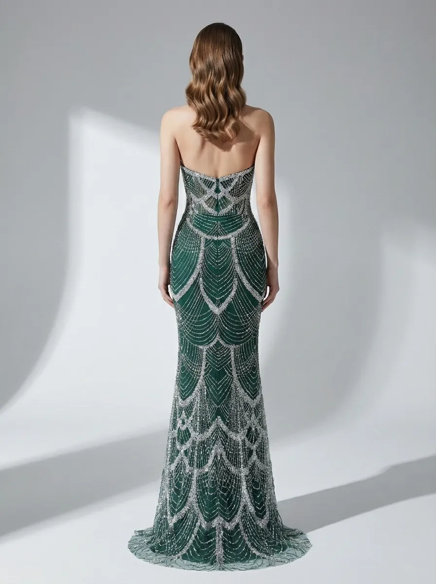 Dark Green Sequin Mermaid Prom Dress | Strapless Beaded Corset Gown