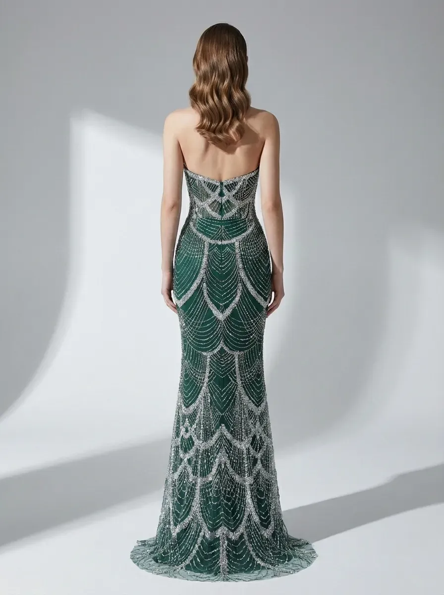 Dark Green Sequin Mermaid Prom Dress | Strapless Beaded Corset Gown