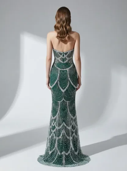 Dark Green Sequin Mermaid Prom Dress | Strapless Beaded Corset Gown