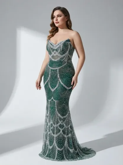 Dark Green Sequin Mermaid Prom Dress | Strapless Beaded Corset Gown