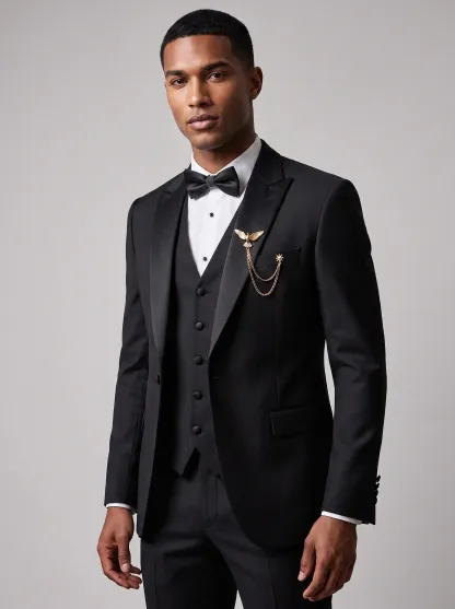 Men's Black 3-Piece Peak Lapel Tuxedo Suit | One-Button Slim Fit Prom Suit