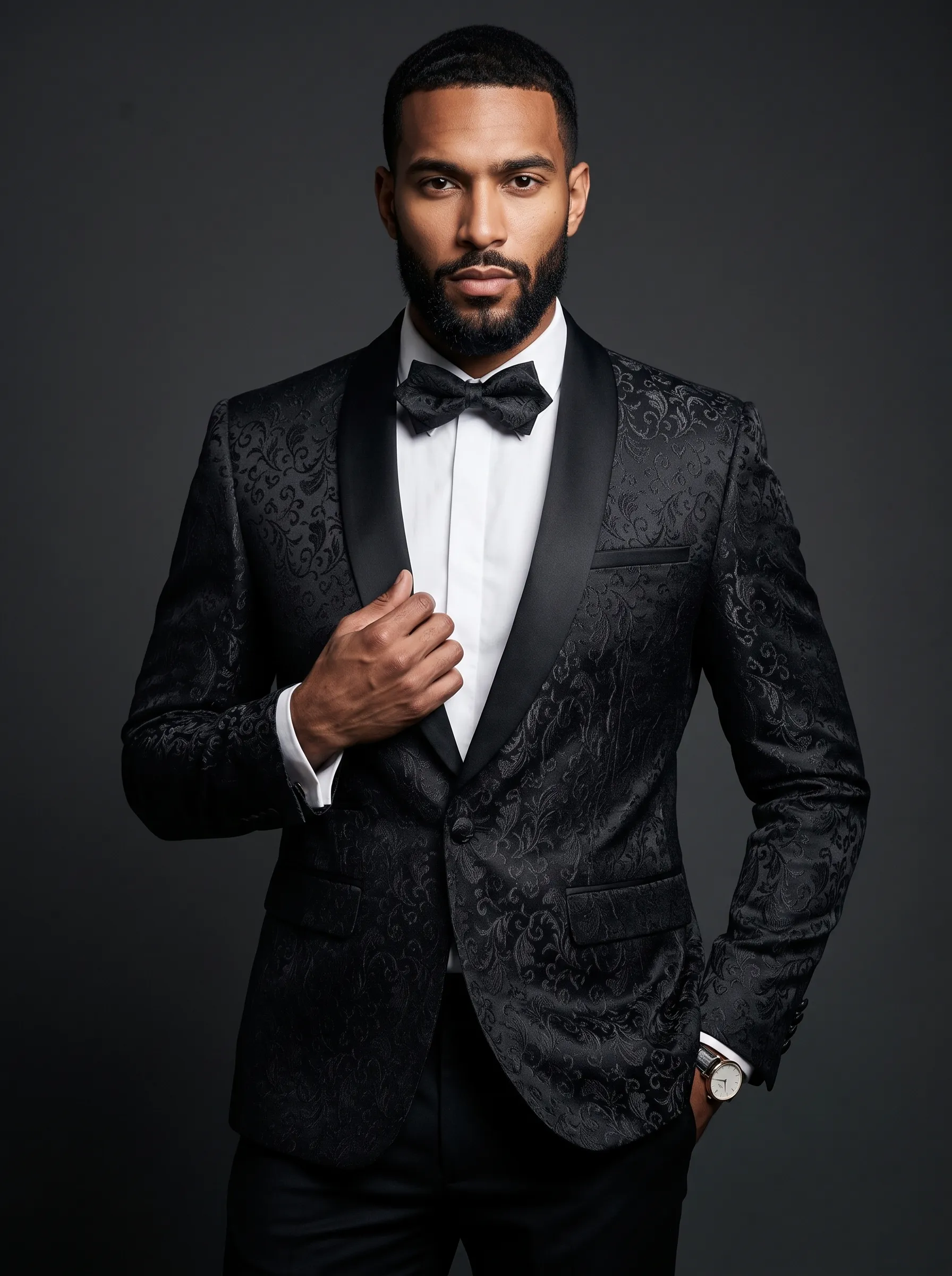 Men's Black Jacquard Shawl Lapel 2-Piece Tuxedo | Patterned Prom Suit