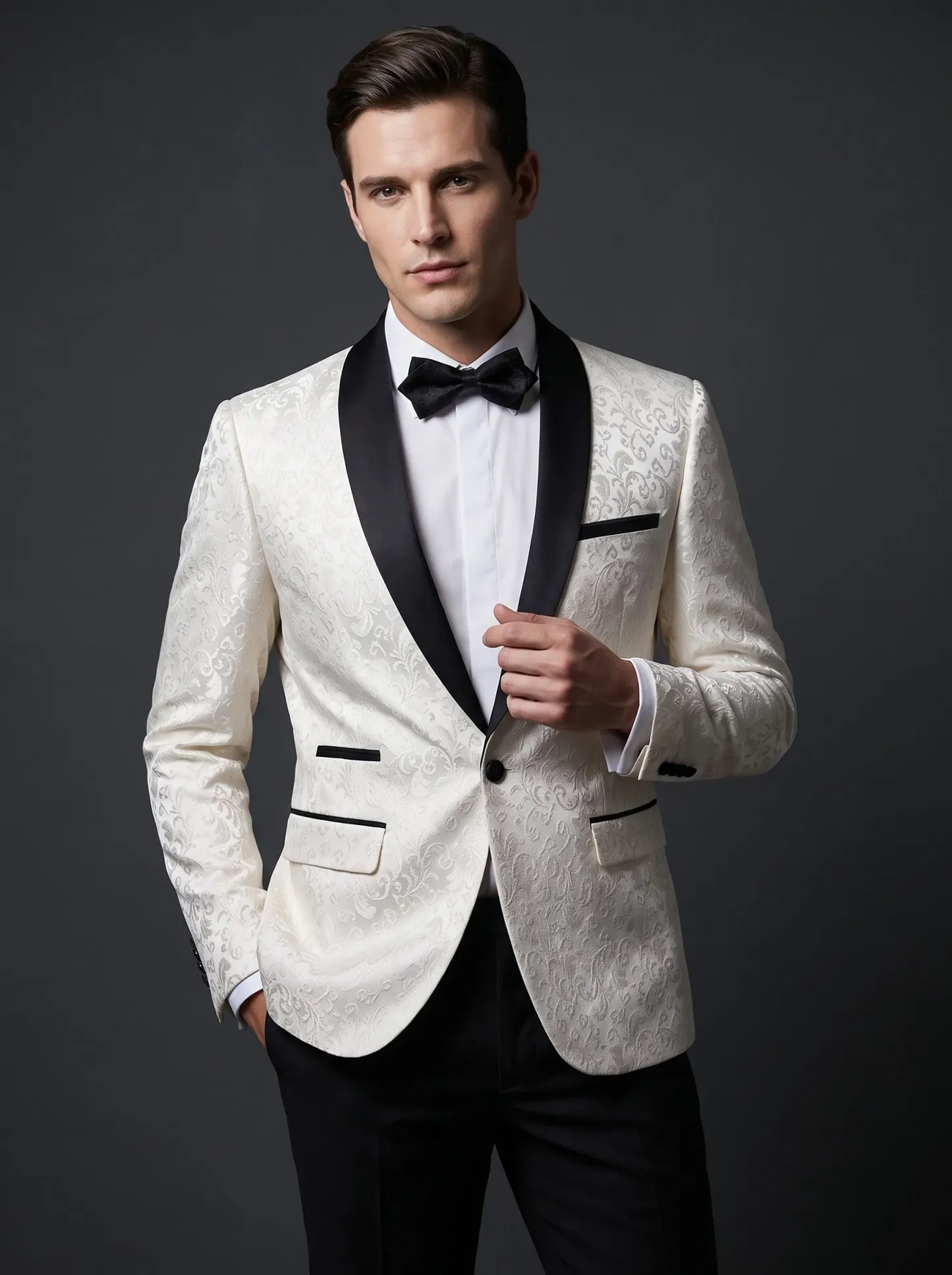 Men's Black Jacquard Shawl Lapel 2-Piece Tuxedo | Patterned Prom Suit