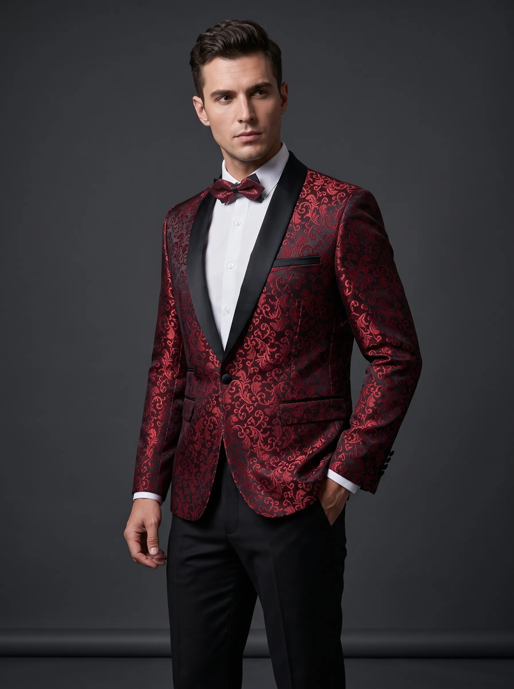 Men's Black Jacquard Shawl Lapel 2-Piece Tuxedo | Patterned Prom Suit