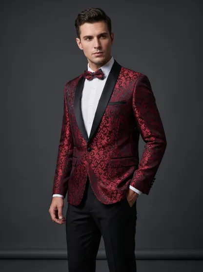Men's Black Jacquard Shawl Lapel 2-Piece Tuxedo | Patterned Prom Suit