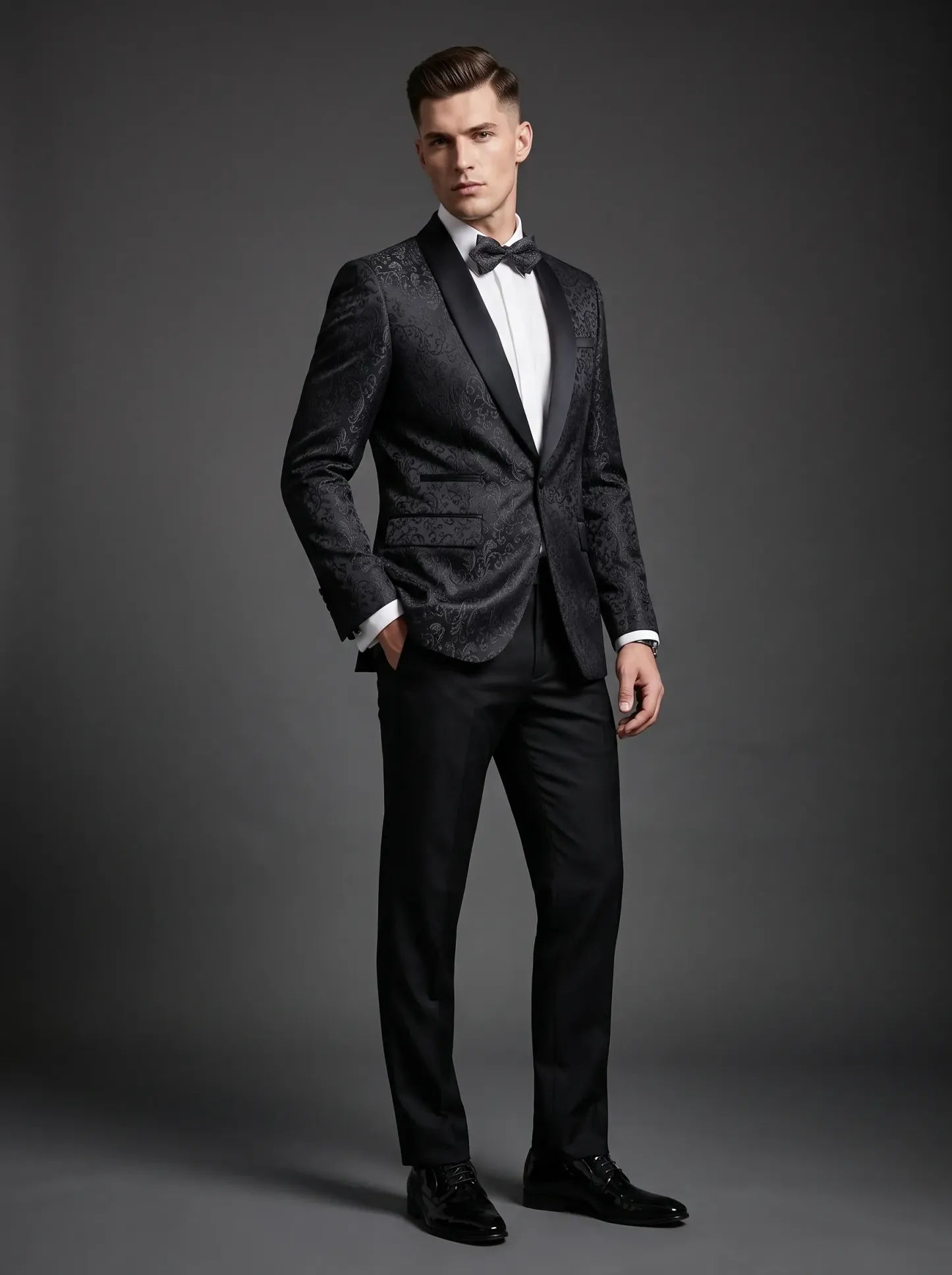 Men's Black Jacquard Shawl Lapel 2-Piece Tuxedo | Patterned Prom Suit