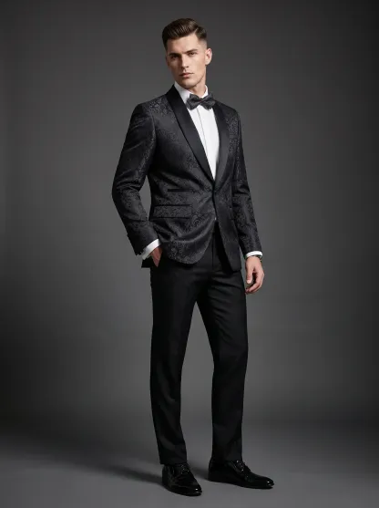 Men's Black Jacquard Shawl Lapel 2-Piece Tuxedo | Patterned Prom Suit