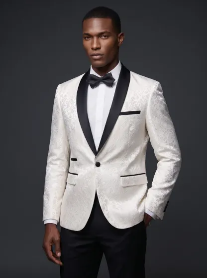 Men's Black Jacquard Shawl Lapel 2-Piece Tuxedo | Patterned Prom Suit