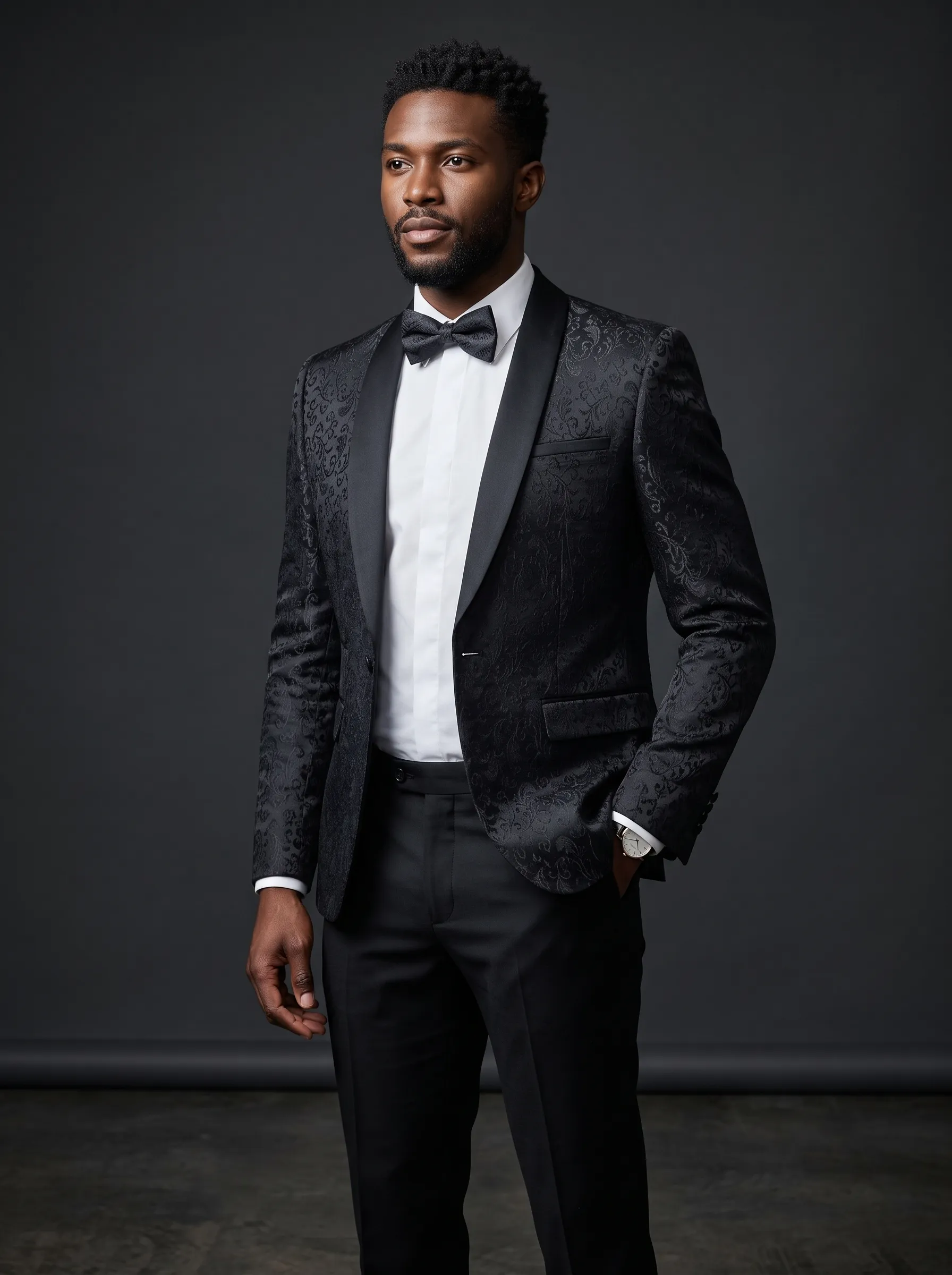 Men's Black Jacquard Shawl Lapel 2-Piece Tuxedo | Patterned Prom Suit