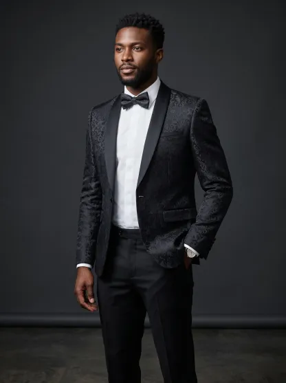 Men's Black Jacquard Shawl Lapel 2-Piece Tuxedo | Patterned Prom Suit