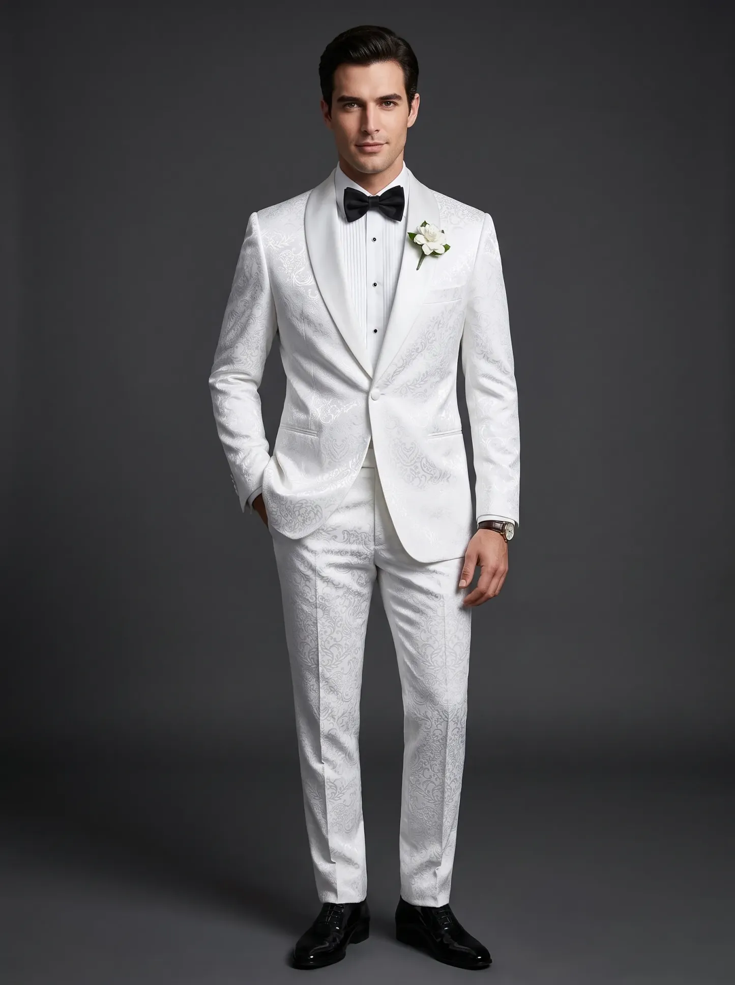Men's White Jacquard 2-Piece Shawl Lapel Suit | Homecoming & Prom Tuxedo