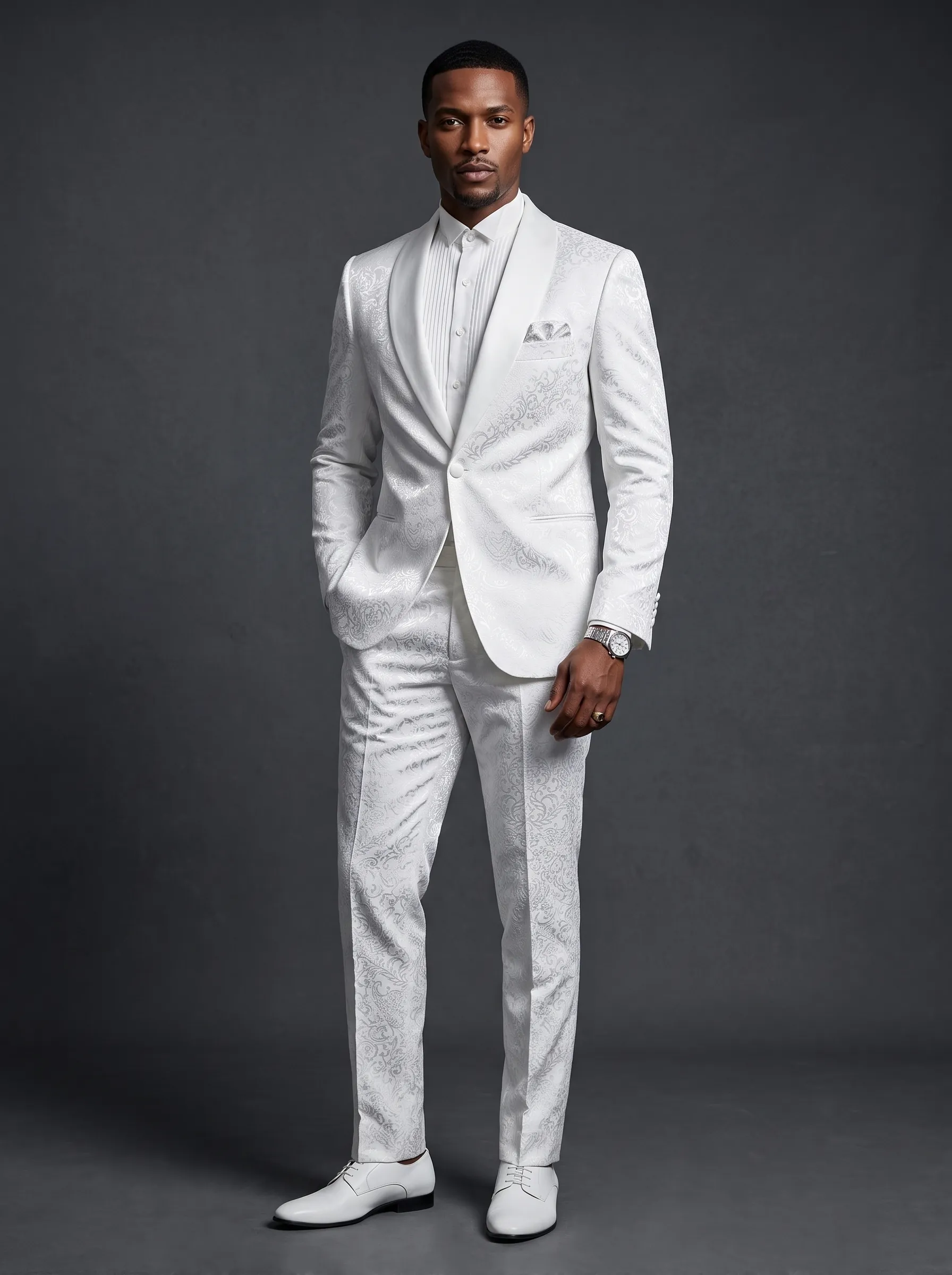 Men's White Jacquard 2-Piece Shawl Lapel Suit | Homecoming & Prom Tuxedo