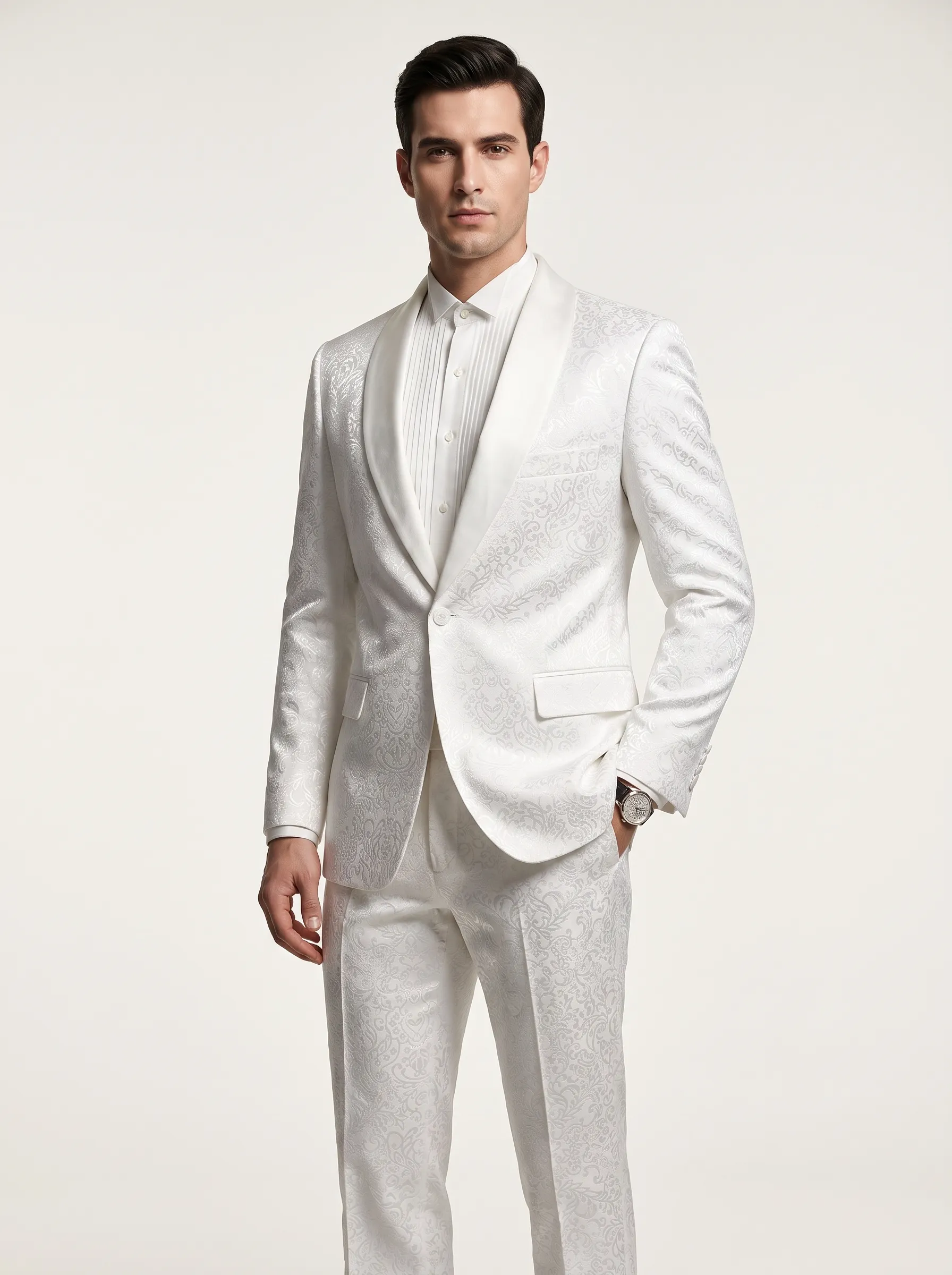 Men's White Jacquard 2-Piece Shawl Lapel Suit | Homecoming & Prom Tuxedo