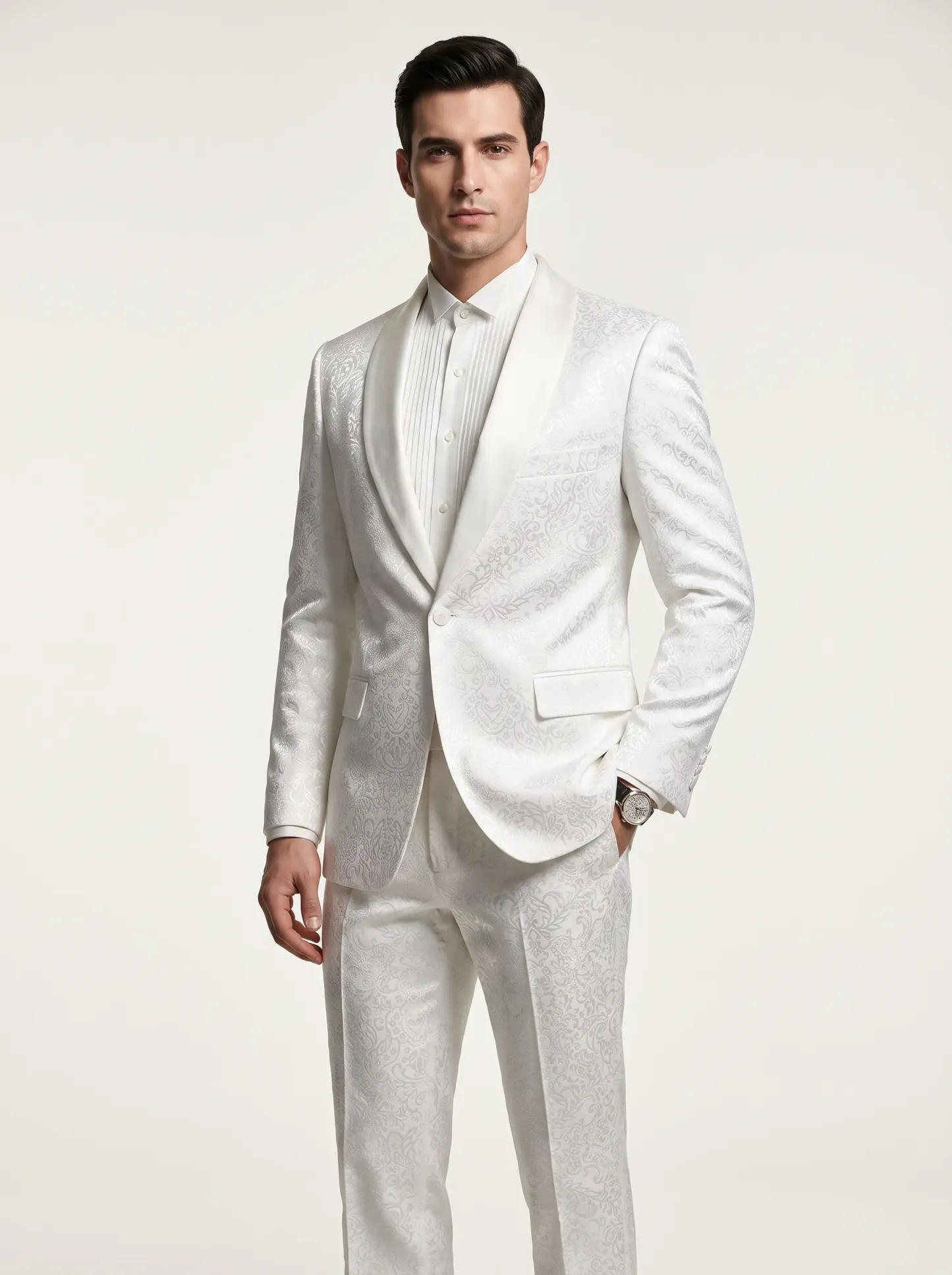 Men's White Jacquard 2-Piece Shawl Lapel Suit | Homecoming & Prom Tuxedo