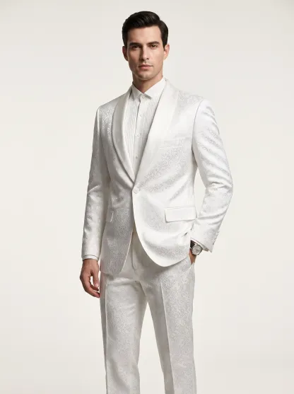 Men's White Jacquard 2-Piece Shawl Lapel Suit | Homecoming & Prom Tuxedo