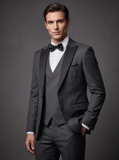 Men's Black & Grey 3-Piece Peak Lapel Suit | One-Button Formal Tuxedo
