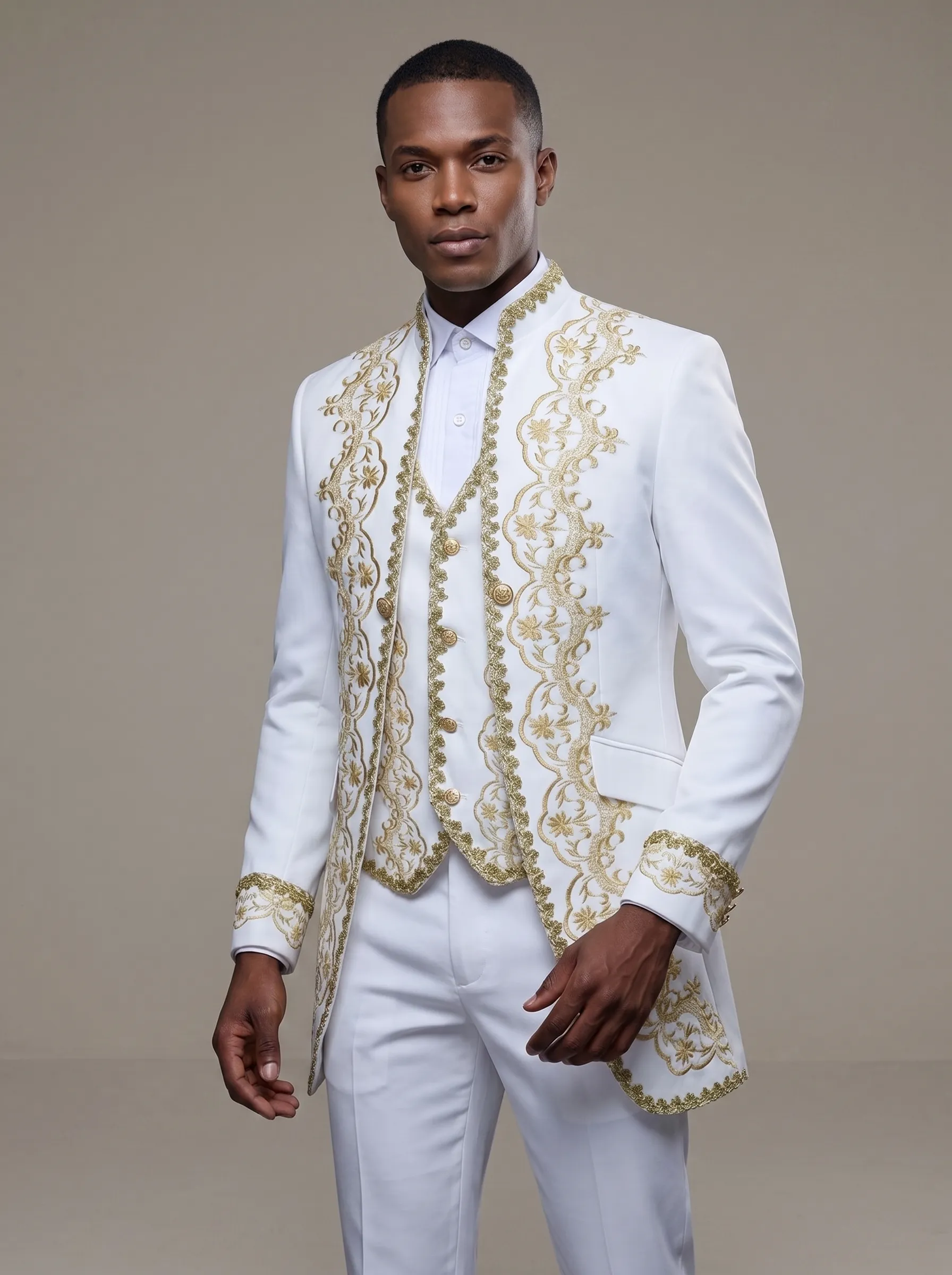 Baroque-Style Black Floral Embroidered Men's 3-Piece Suit | Stand-Collar Tuxedo