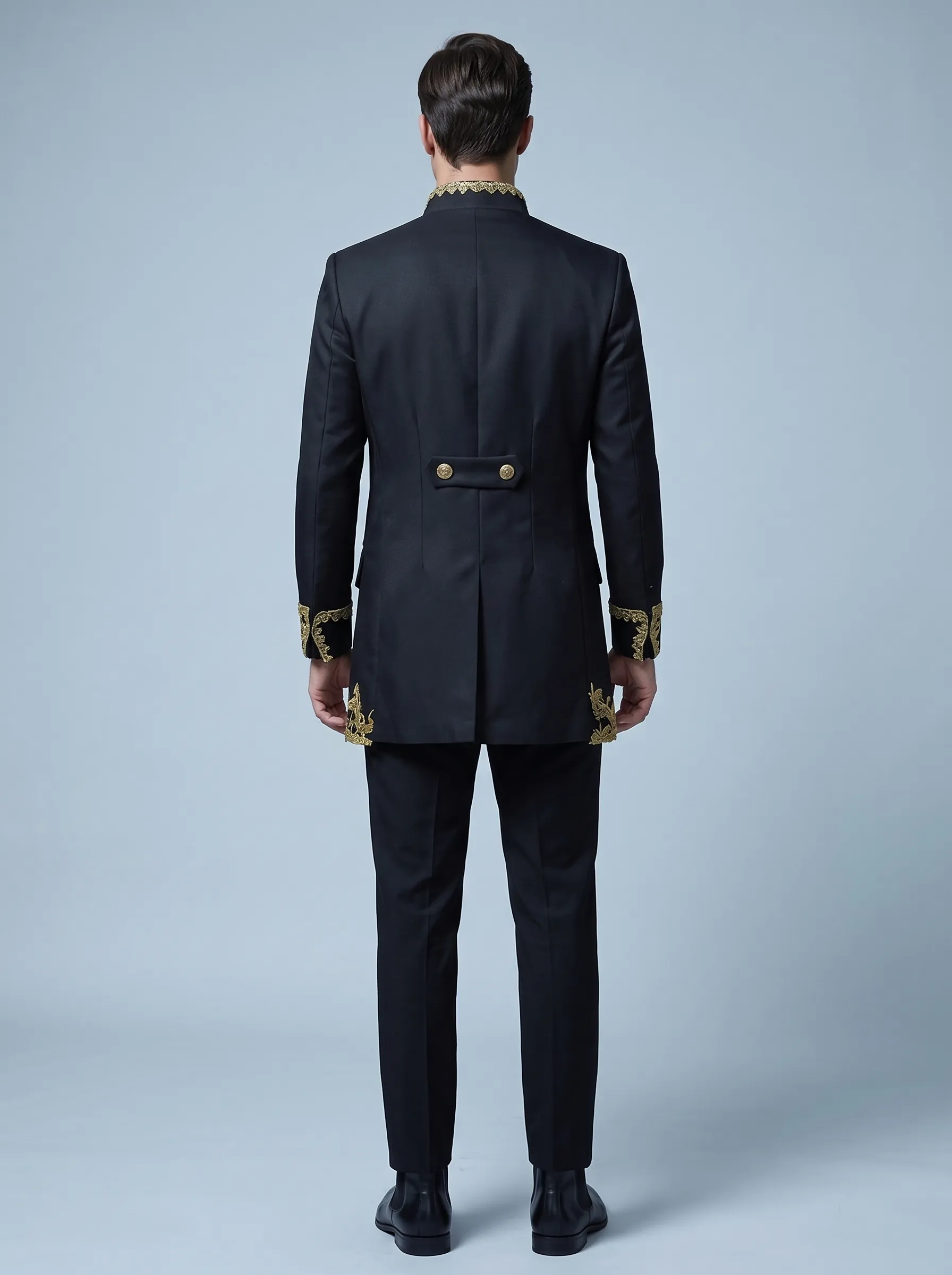 Baroque-Style Black Floral Embroidered Men's 3-Piece Suit | Stand-Collar Tuxedo