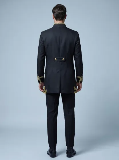 Baroque-Style Black Floral Embroidered Men's 3-Piece Suit | Stand-Collar Tuxedo