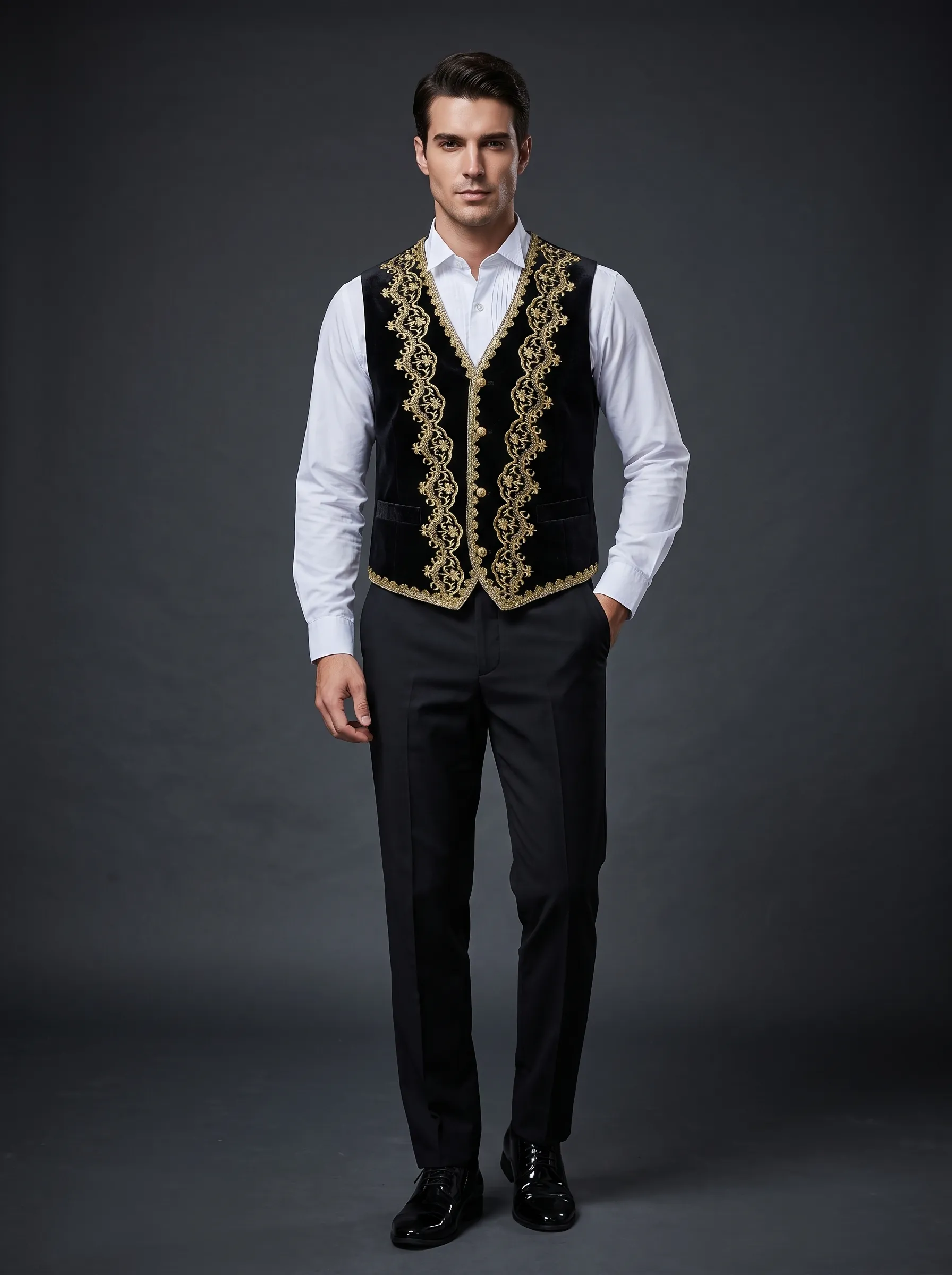 Baroque-Style Black Floral Embroidered Men's 3-Piece Suit | Stand-Collar Tuxedo