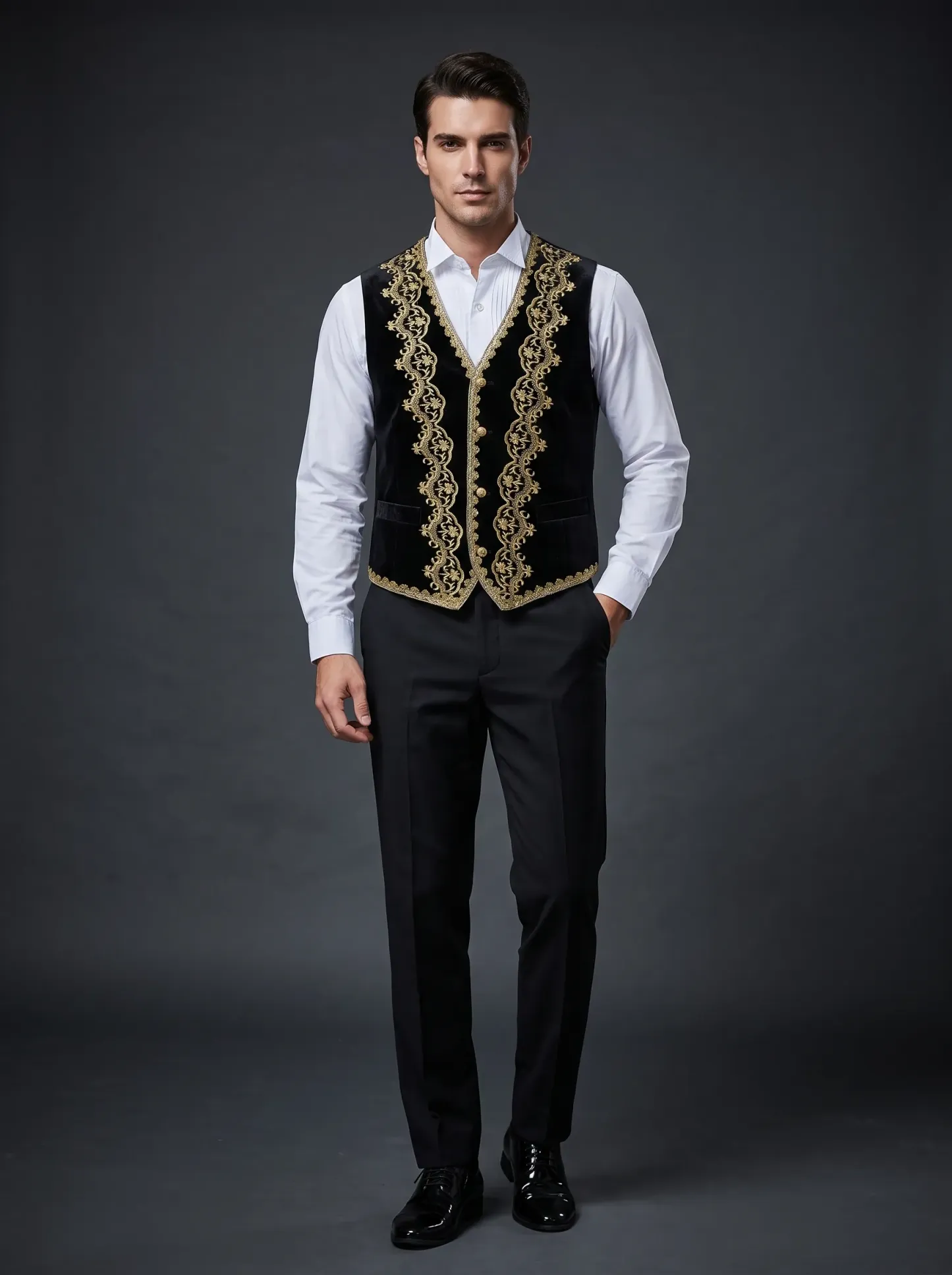 Baroque-Style Black Floral Embroidered Men's 3-Piece Suit | Stand-Collar Tuxedo