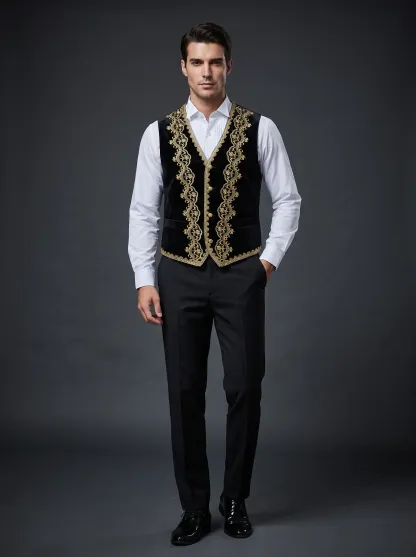 Baroque-Style Black Floral Embroidered Men's 3-Piece Suit | Stand-Collar Tuxedo
