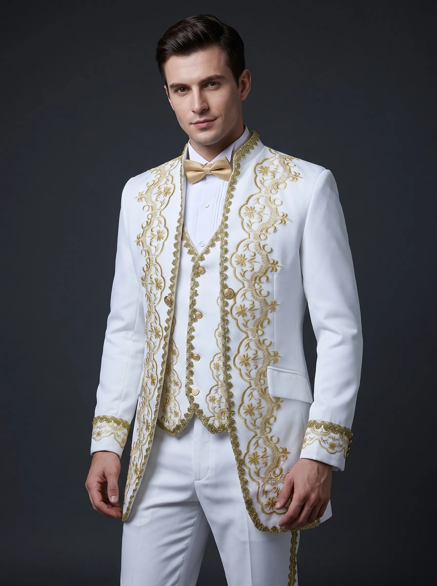 Baroque-Style Black Floral Embroidered Men's 3-Piece Suit | Stand-Collar Tuxedo