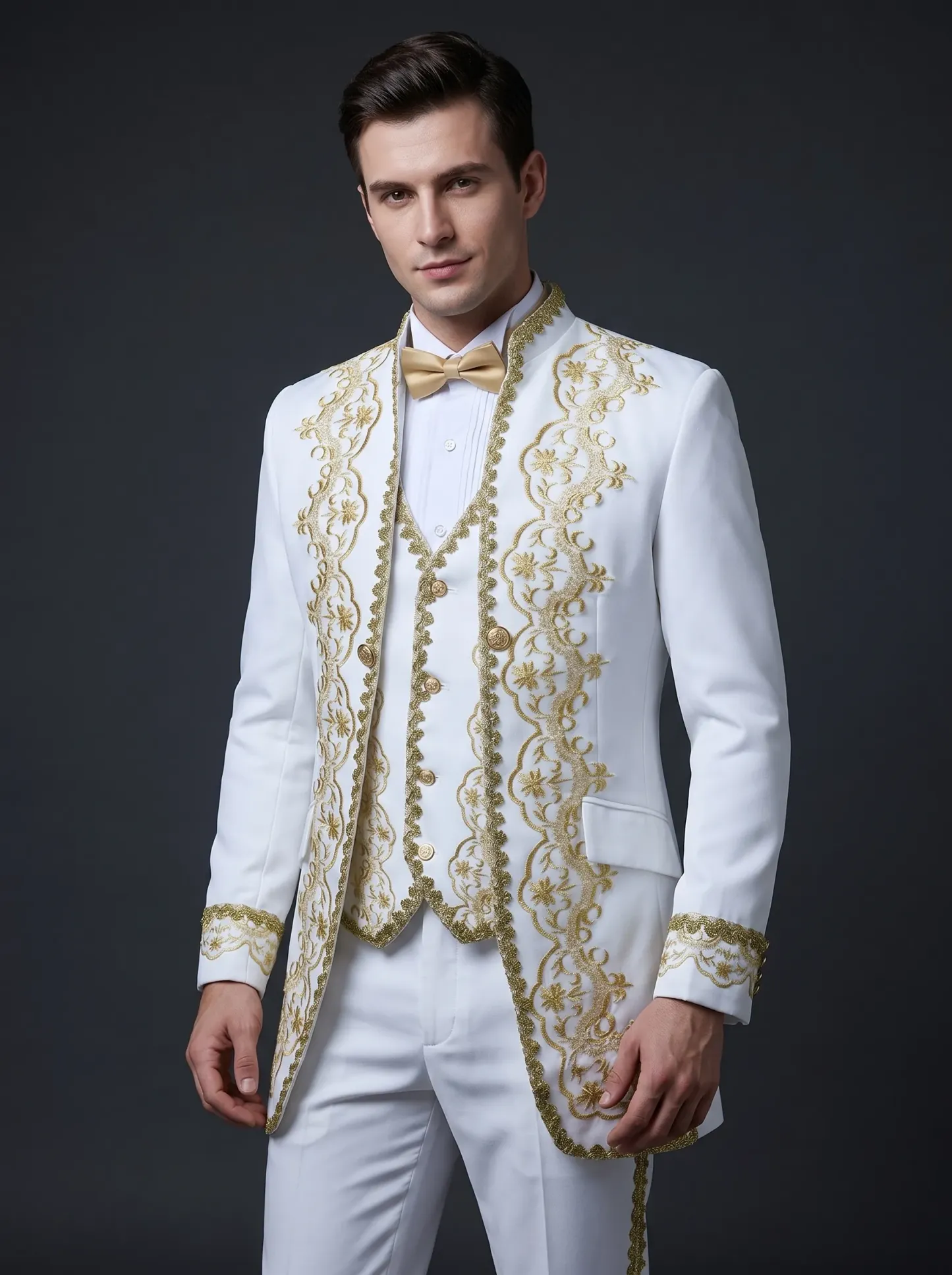 Baroque-Style Black Floral Embroidered Men's 3-Piece Suit | Stand-Collar Tuxedo
