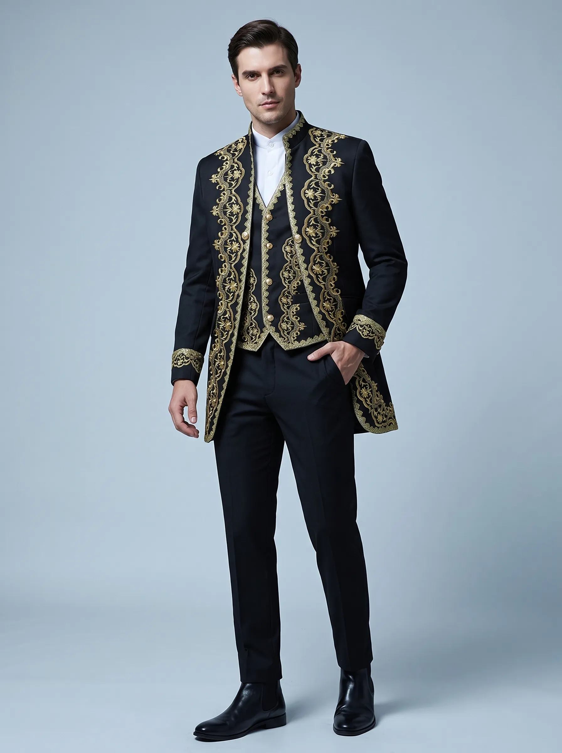 Baroque-Style Black Floral Embroidered Men's 3-Piece Suit | Stand-Collar Tuxedo