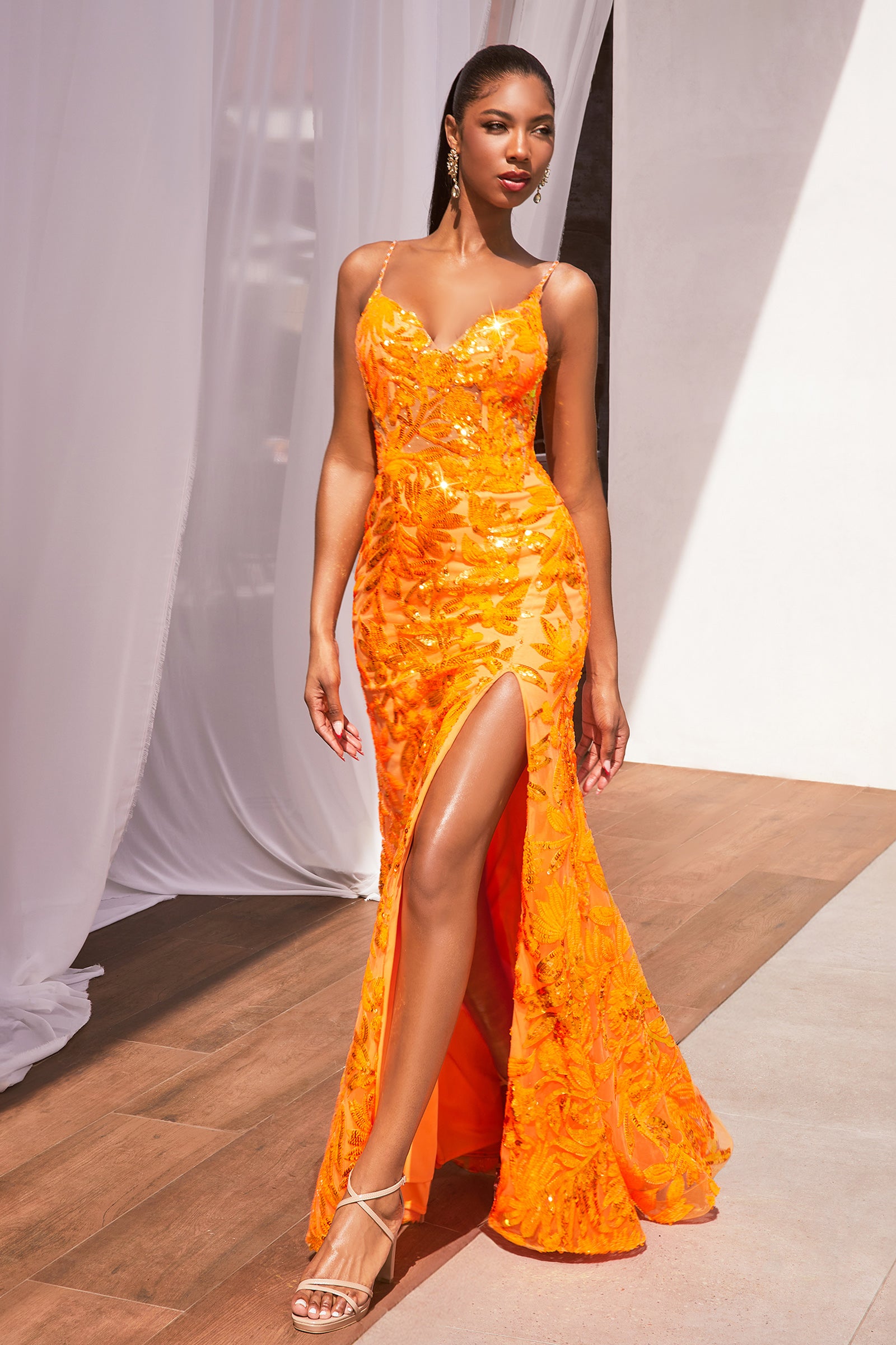 Stunning Fitted Deep V-Neckline Sequin Floral Print Gown #CM350