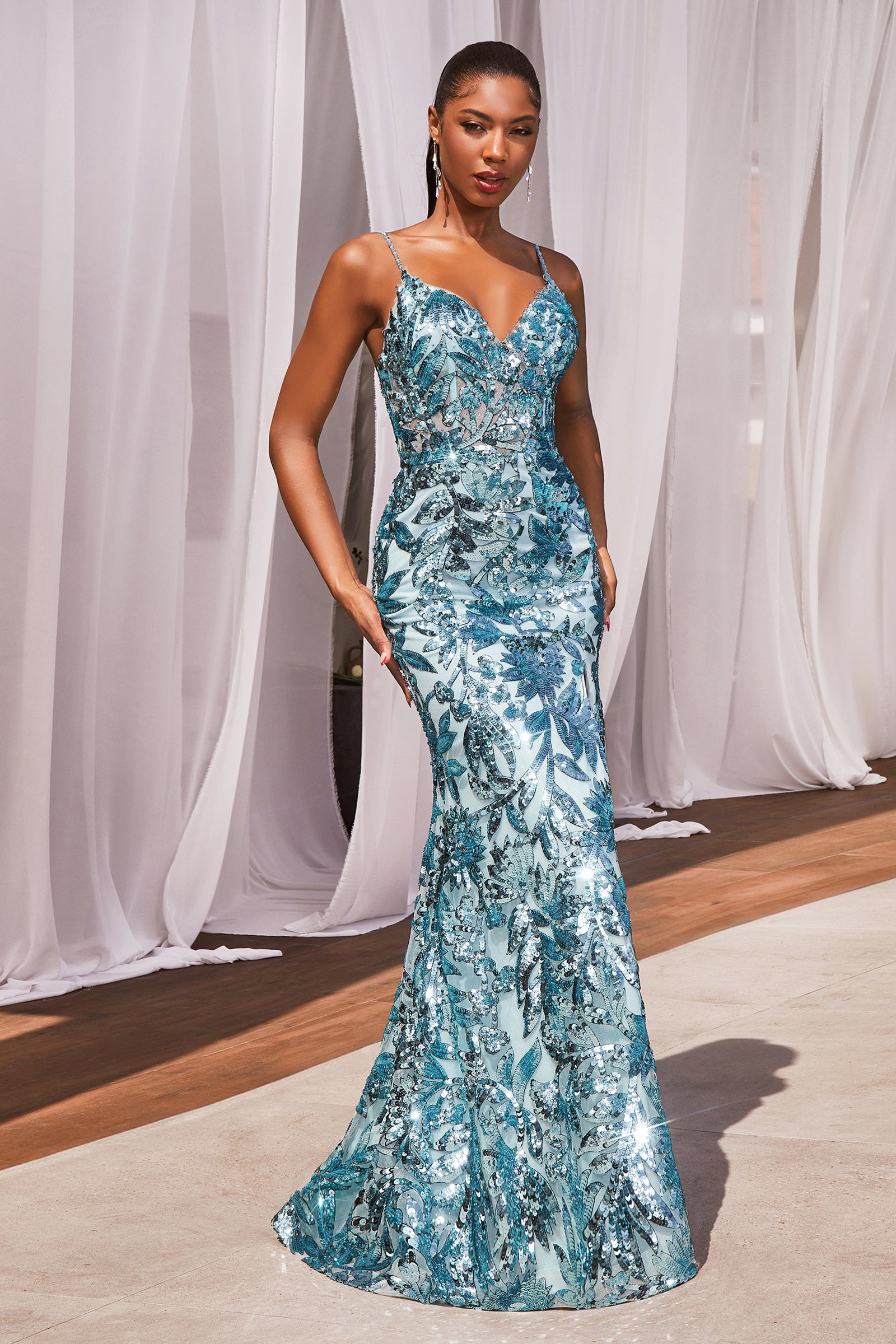 Stunning Fitted Deep V-Neckline Sequin Floral Print Gown #CM350