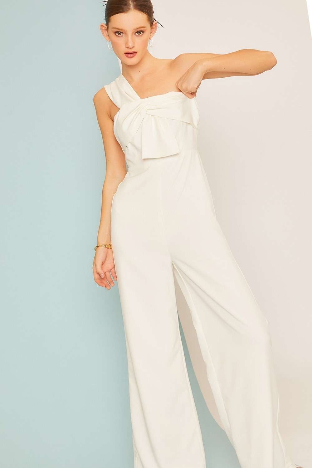 CR71297 One Shoulder Wide Pants Solid Jumpsuit