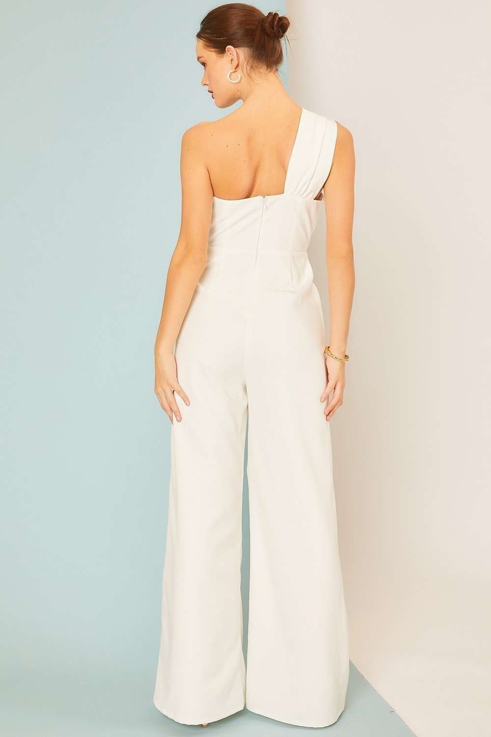 CR71297 One Shoulder Wide Pants Solid Jumpsuit