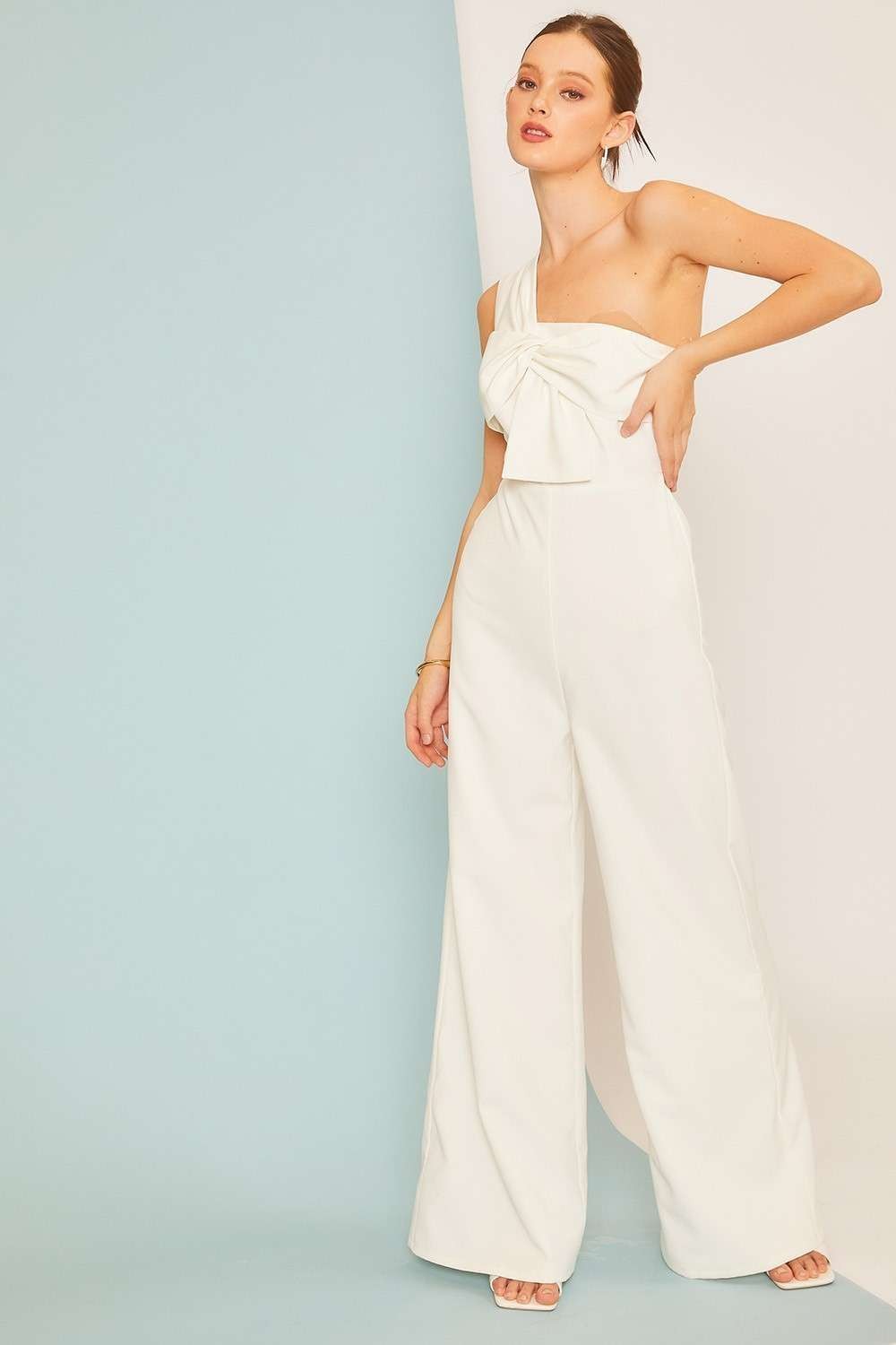 CR71297 One Shoulder Wide Pants Solid Jumpsuit