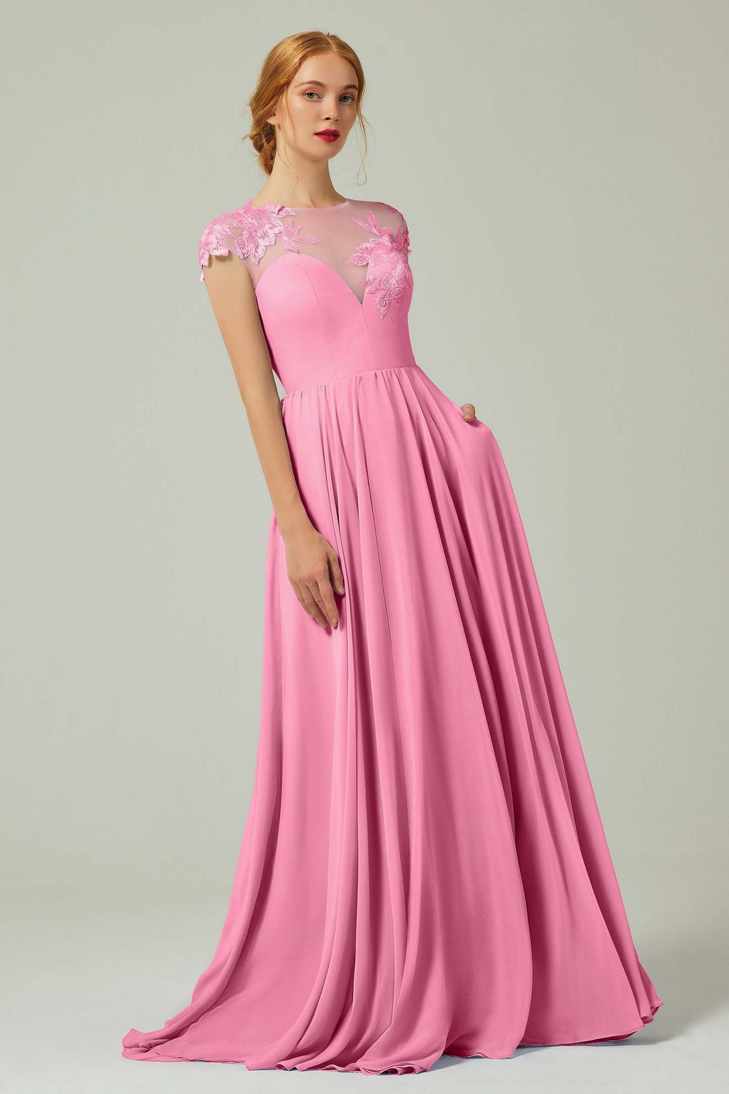 A-Line Sweep-Brush-Train Chiffon Bridesmaid Dress CB0248