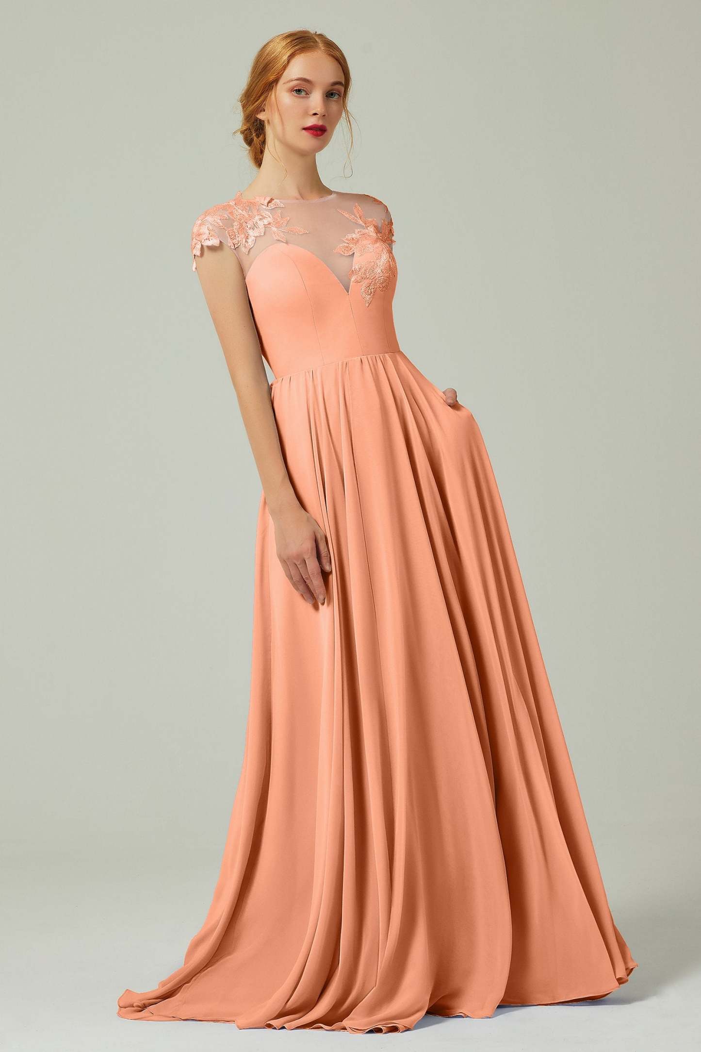 A-Line Sweep-Brush-Train Chiffon Bridesmaid Dress CB0248