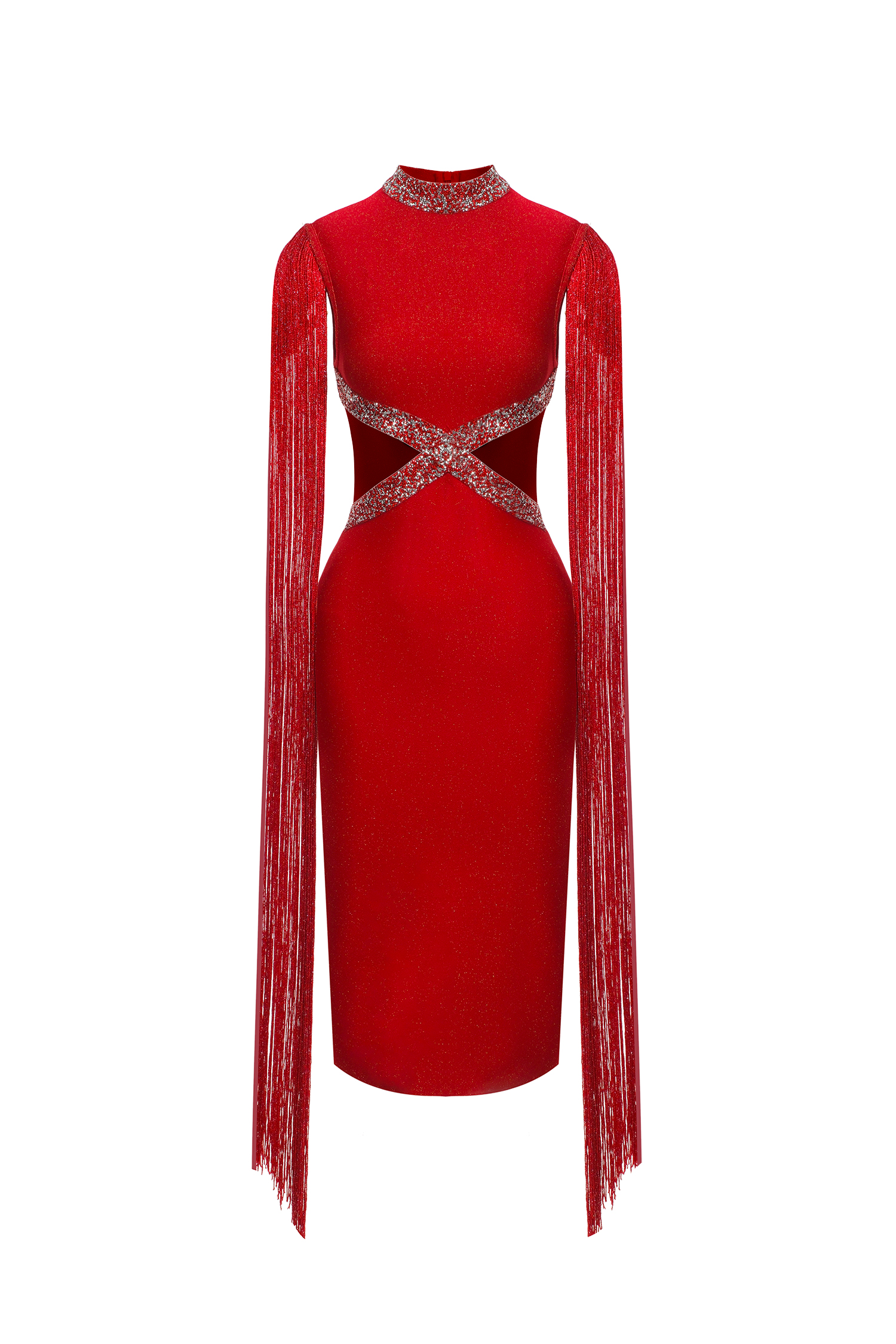 Plume Round Neck Hollow Diamond Bandage Midi Dress