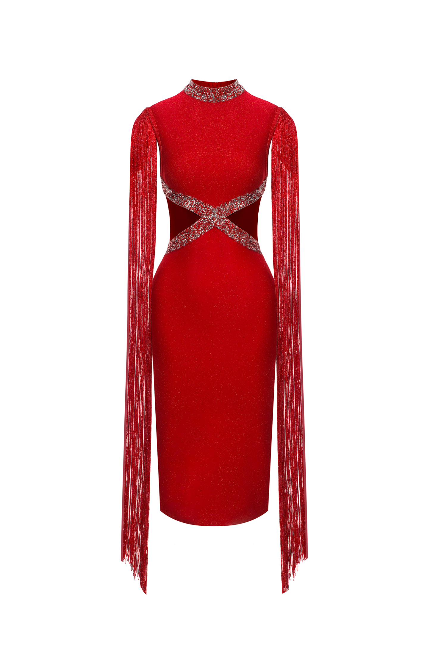 Plume Round Neck Hollow Diamond Bandage Midi Dress