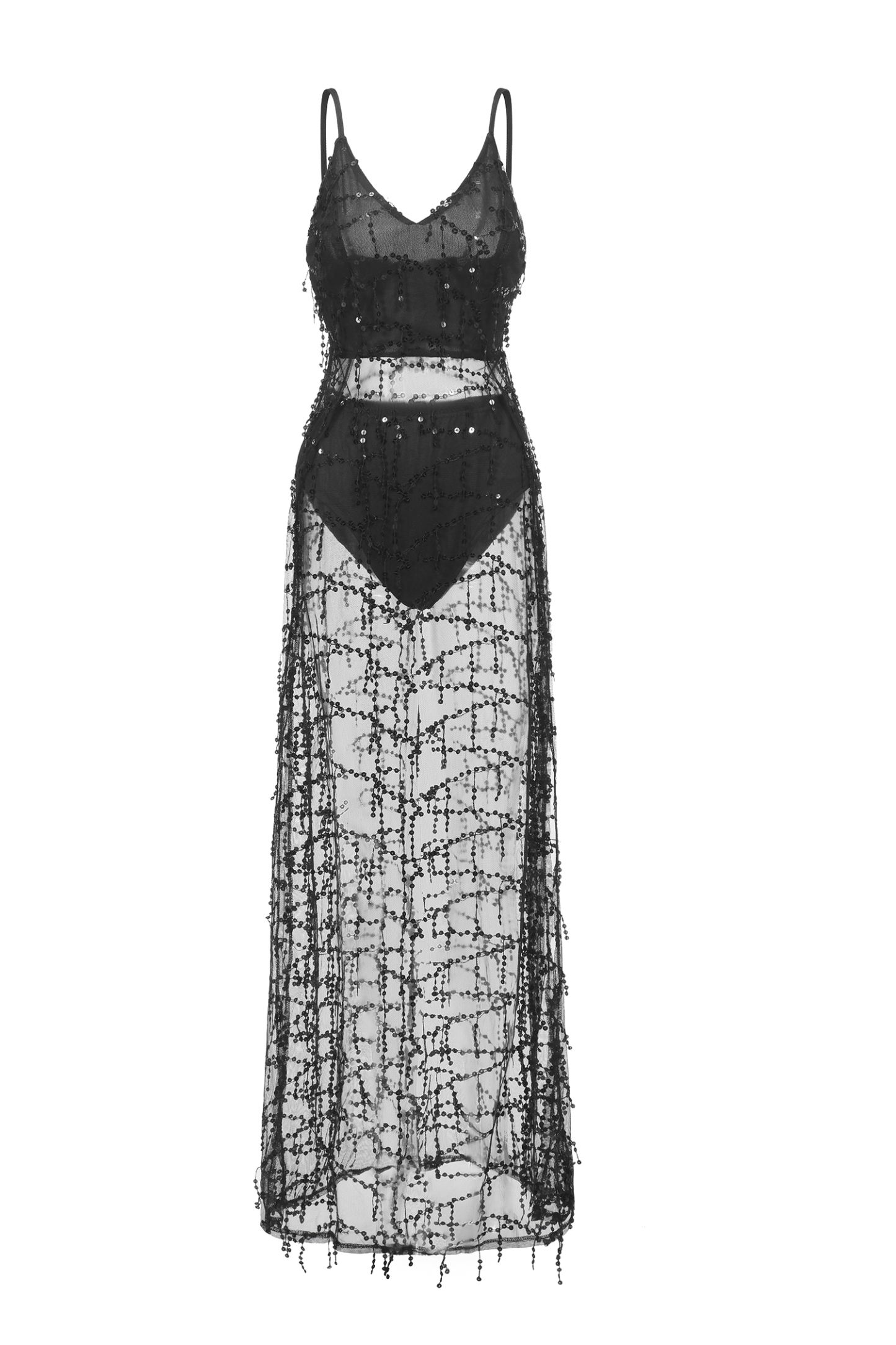 Panra Sleeveless Tassels Sequin Slit Maxi Dress