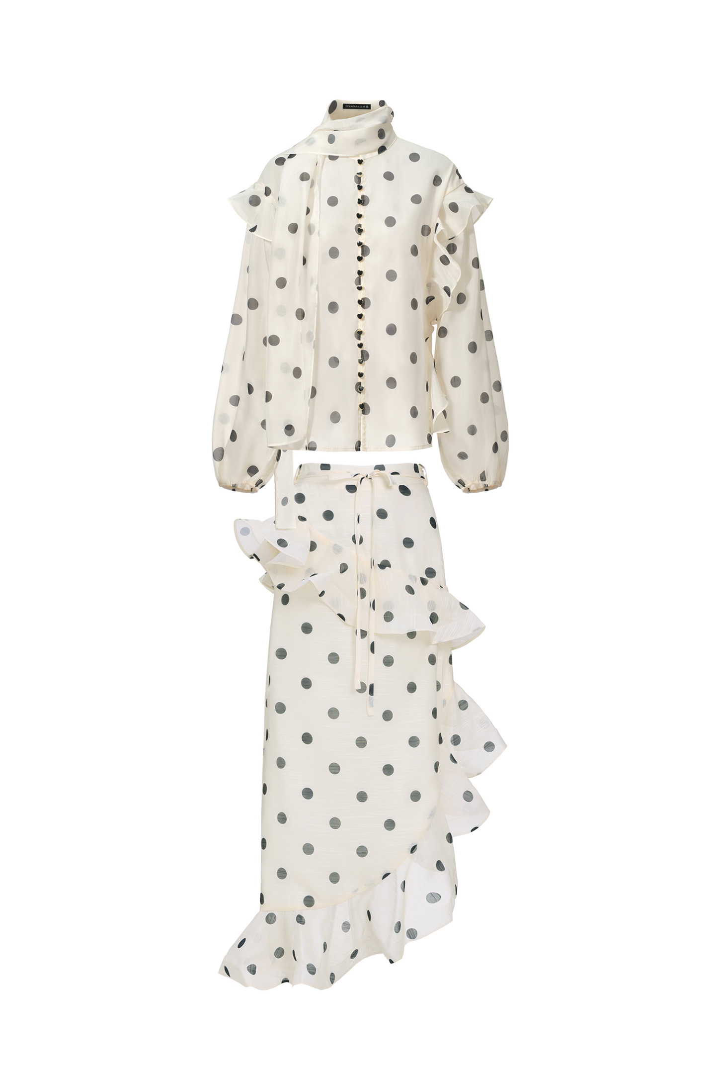 Vleah Streamer Long Sleeves Dot Printed Asymmetric Folds Midi Dress