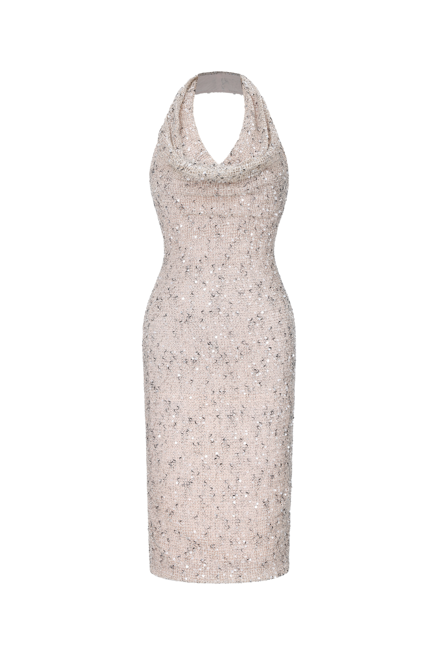Pablo Chic Contour Halter Cowl Neck Sequin Midi Dress