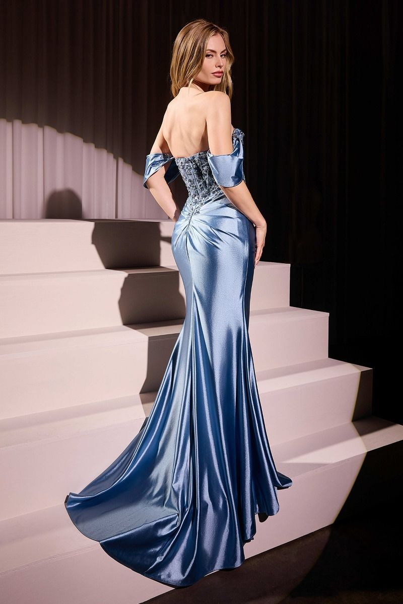 Fitted Sweetheart Off The Shoulder Lace-Embellished Bodice Satin Prom Gown KV1121