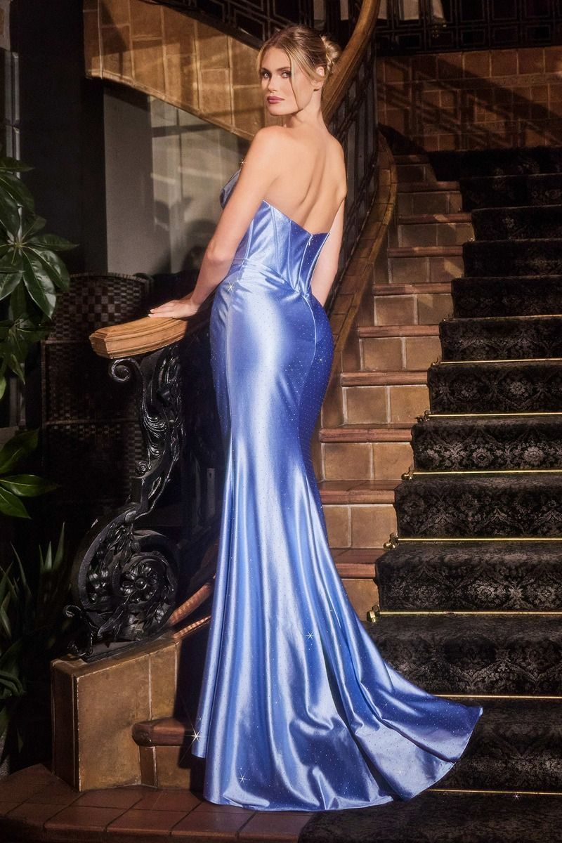 Fitted Strapless Scoop Micro Crystal Satin Prom Dress CDS529
