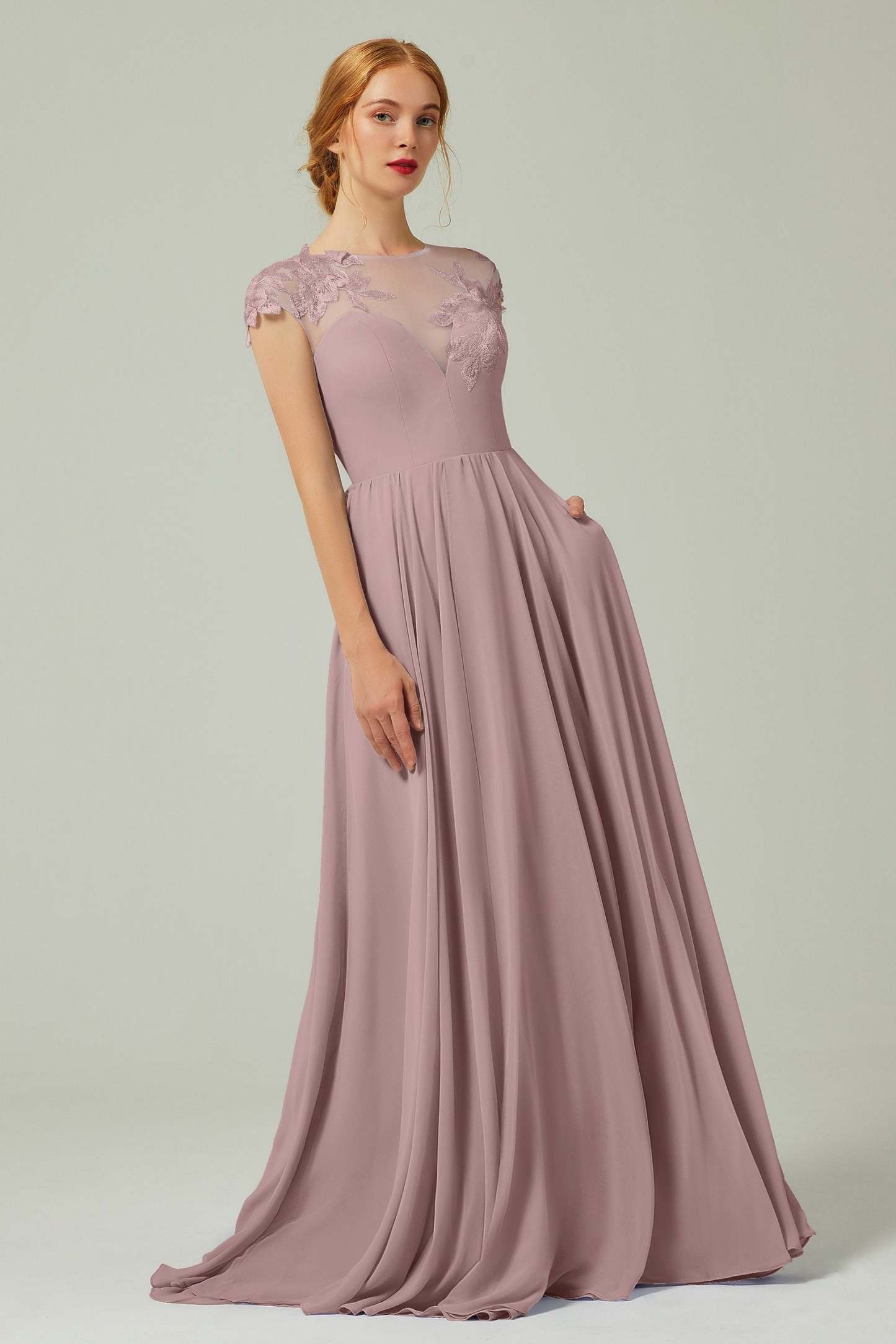 A-Line Sweep-Brush-Train Chiffon Bridesmaid Dress CB0248