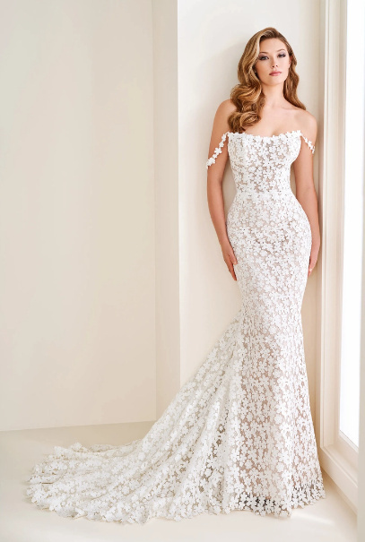 Chic Fit and Flare Curved Draped Strap Wedding Dress #E1008