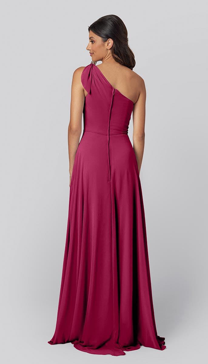 A-Line One Shoulder Chiffon Bow On Strap Bridesmaid Dress With Pockets 